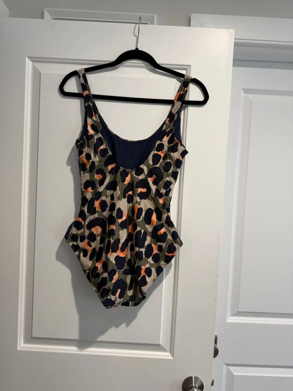 DKNY Leopard Print One-Piece Swimsuit in Navy, Olive & Coral - Picture 2 of 5